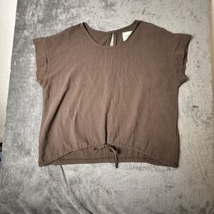 Women's Umgee Linen Blend‎ Shirt Blouse Top Brown Tie Bottom Short Sleeve S